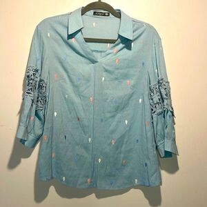 𝅺Cirana- Light Blue Embroidered Balloons Boho Peasant-Style Crochet Top- Size M